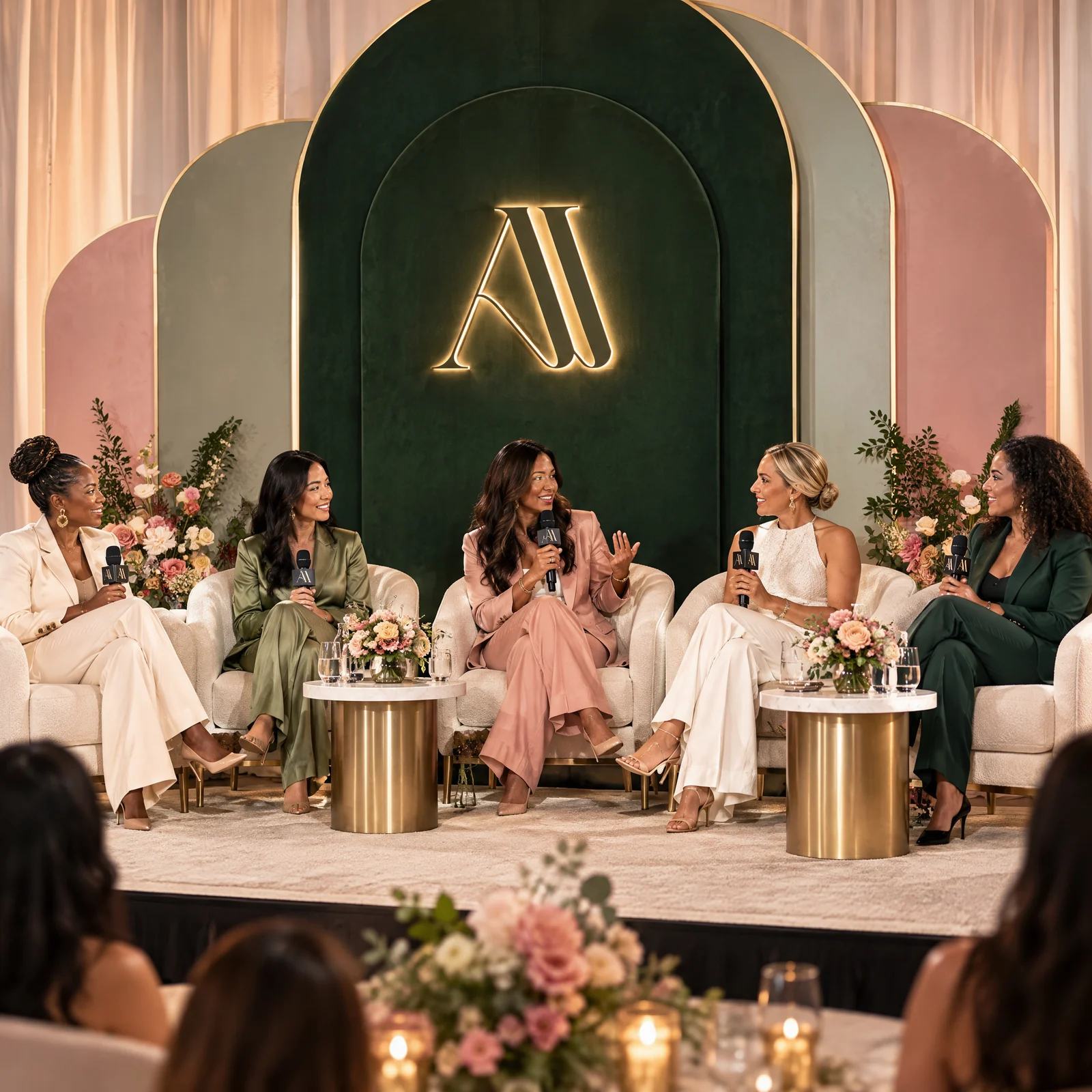 Panel conversation on an arched green, sage and blush stage beneath an illuminated gold Audit & Align monogram, with small floral accents on each side