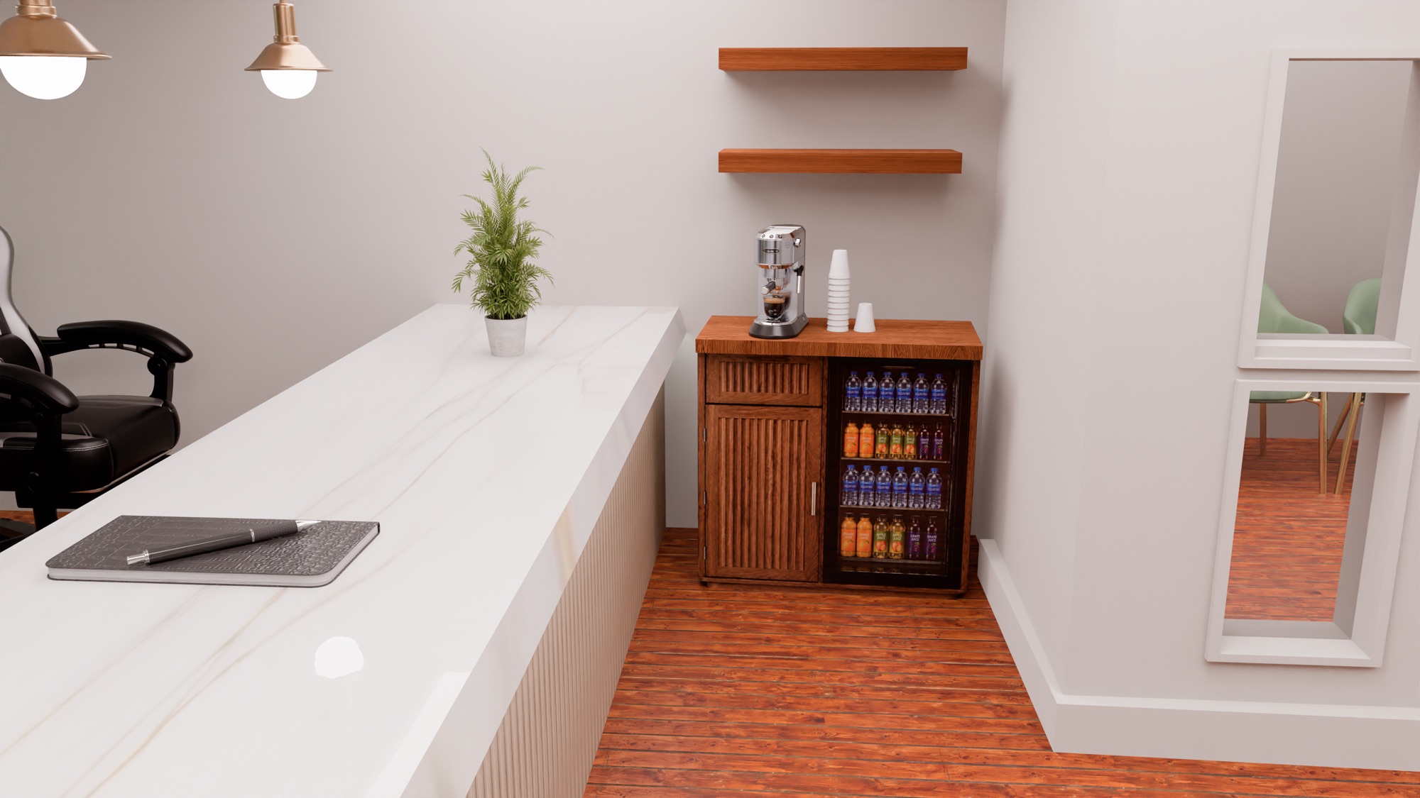 3D rendering of a coffee and refreshment station beside the reception counter