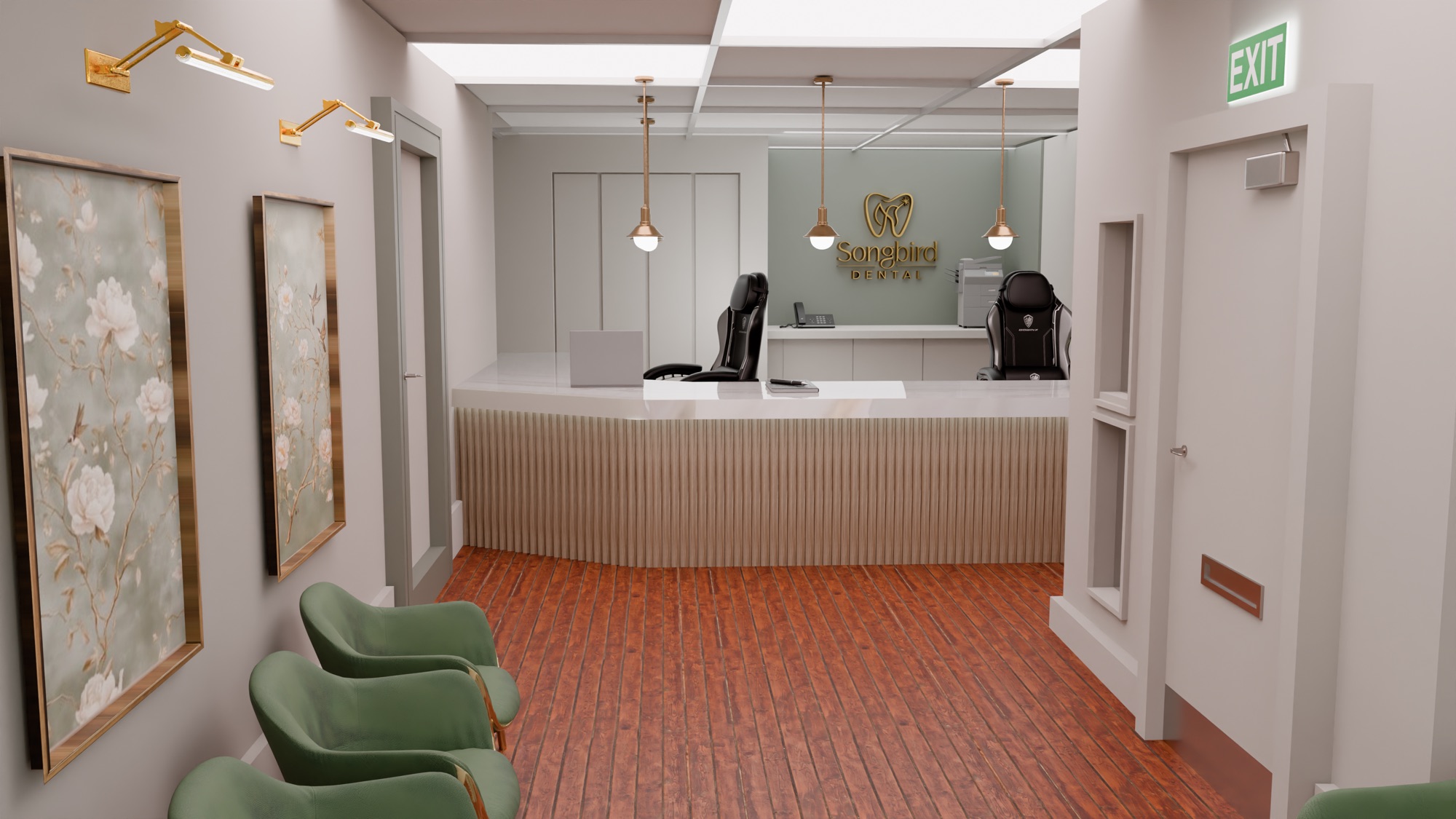 3D rendering looking down the waiting hall toward the reception desk