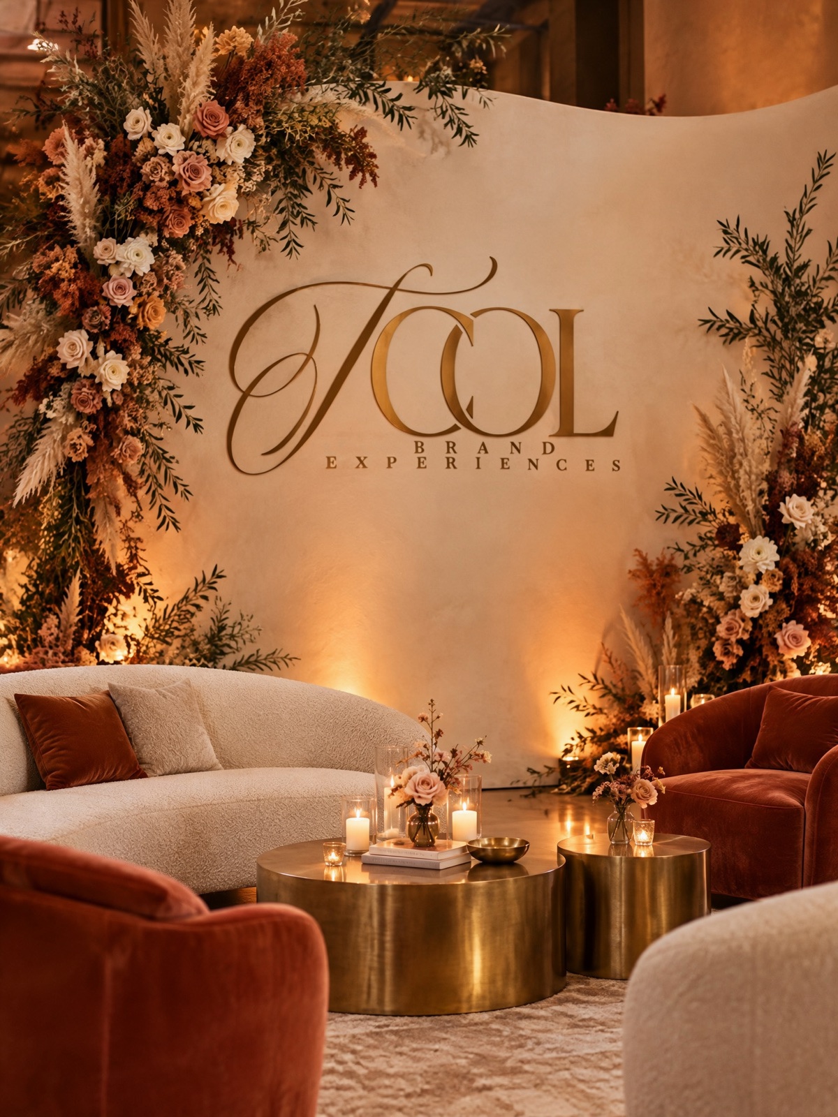 Candlelit lounge with a TCOL Brand Experiences signature wall, cascading florals, velvet chairs, and brass tables